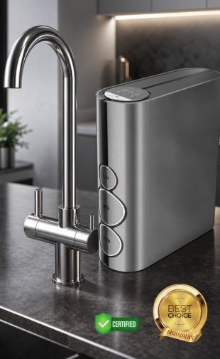 Moderne Küchenarmatur neben einem stilvollen Wasserfilter von Aqua Felix.