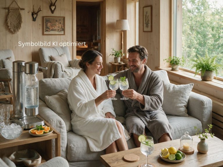 Mann und Frau mit Saunamantel trinken im Hotel gefilteres Wasser