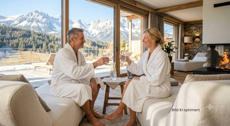 Reines Trinkwasser im Hotelbereich Hotelgäste im Bademantel stossen mit einem Glas reinem und gefiltertem Wasser an