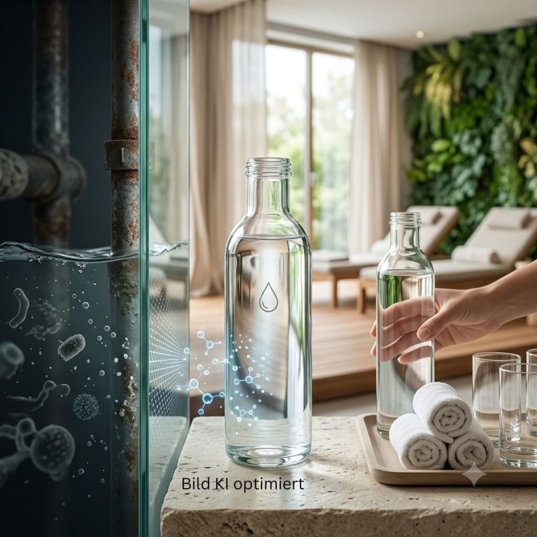 Trinkwasseraufbereitung Hotel Hotelzimmer mit Moos- Rückwand. Hand hebt reines Trinkwasser in der Flasche
